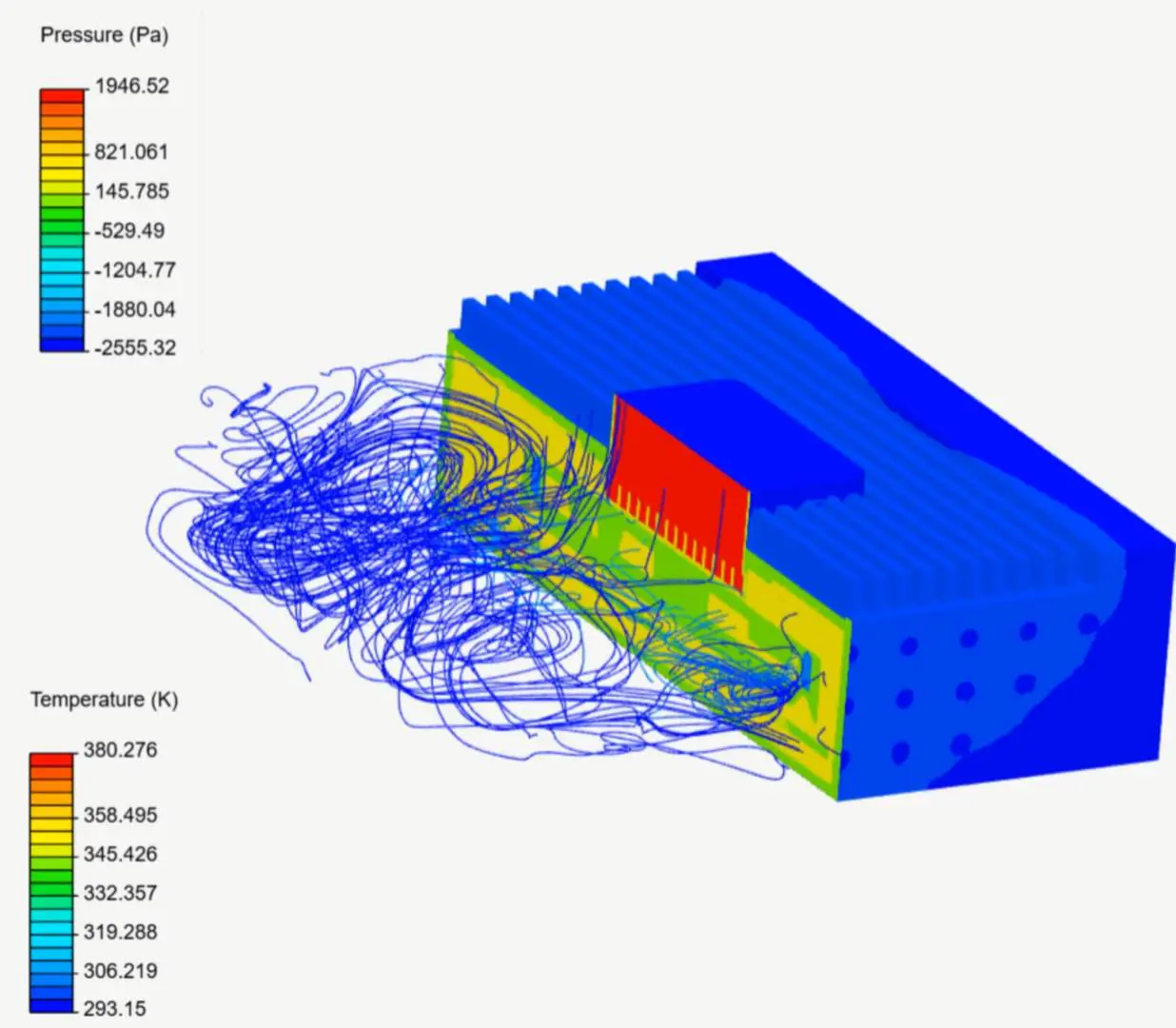 Computational fluid dynamics model showing pressure, temperature, and airflow around industrial equipment