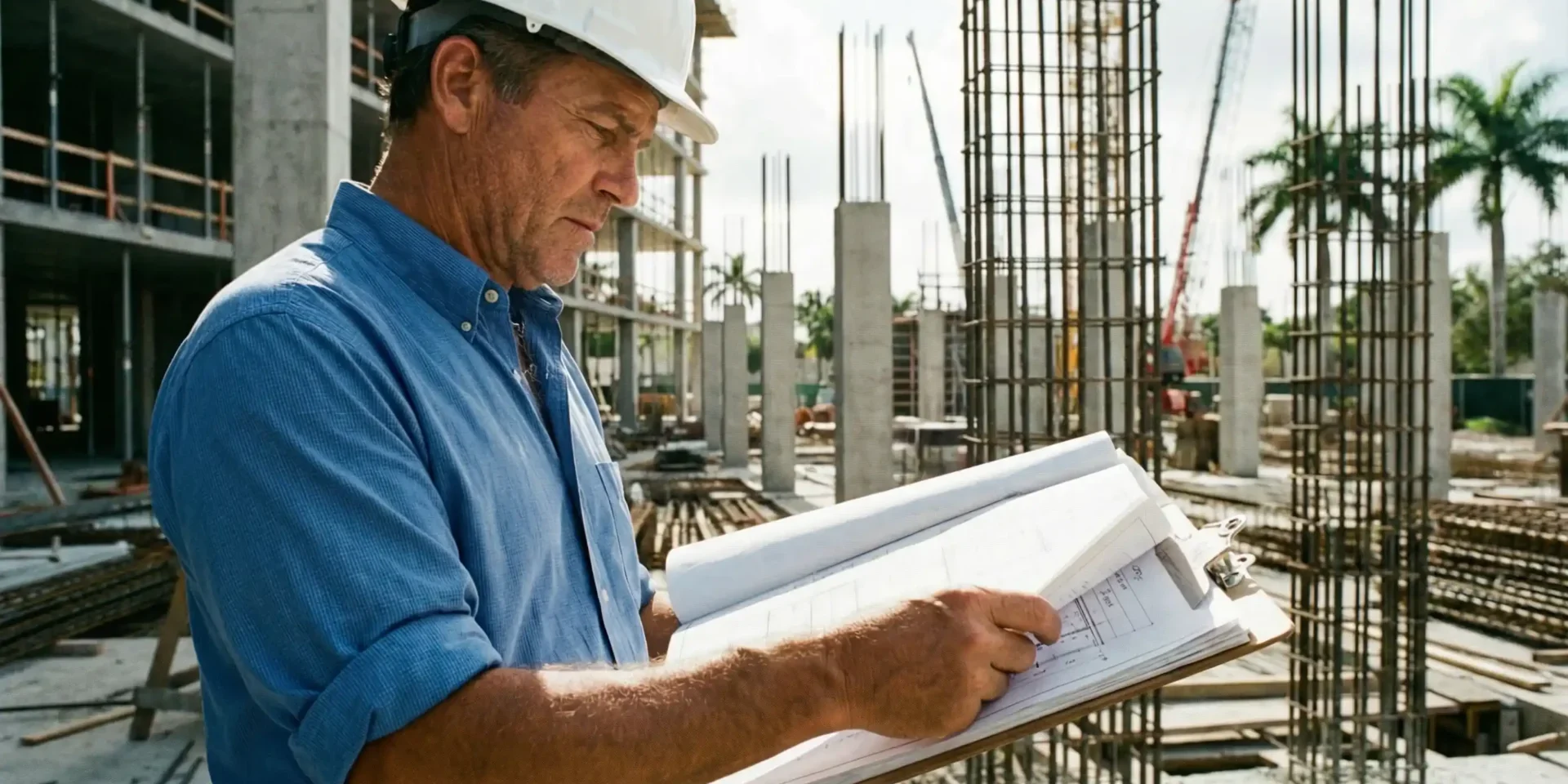 Civil engineer reviewing blueprints at a structural construction site in Clearwater, FL