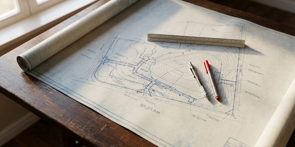 Civil engineering site plan drawing on drafting table with ruler and pencils — site plan engineering in Tampa, FL